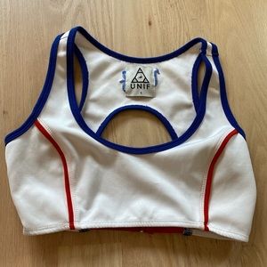 HAS BEEN SOLD logo bra crop top red white and blue